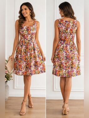 NineWest Floral Fit & Flare Dress Size 12 Cotton Blend Sleeveless Garden Party